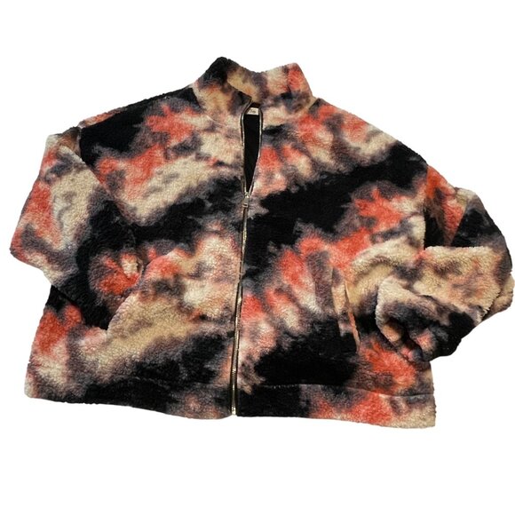 Tie-Dye Sherpa Fleece Jacket 1X By Love + Joy Coral Black Gold Tone Zipper - Picture 1 of 10